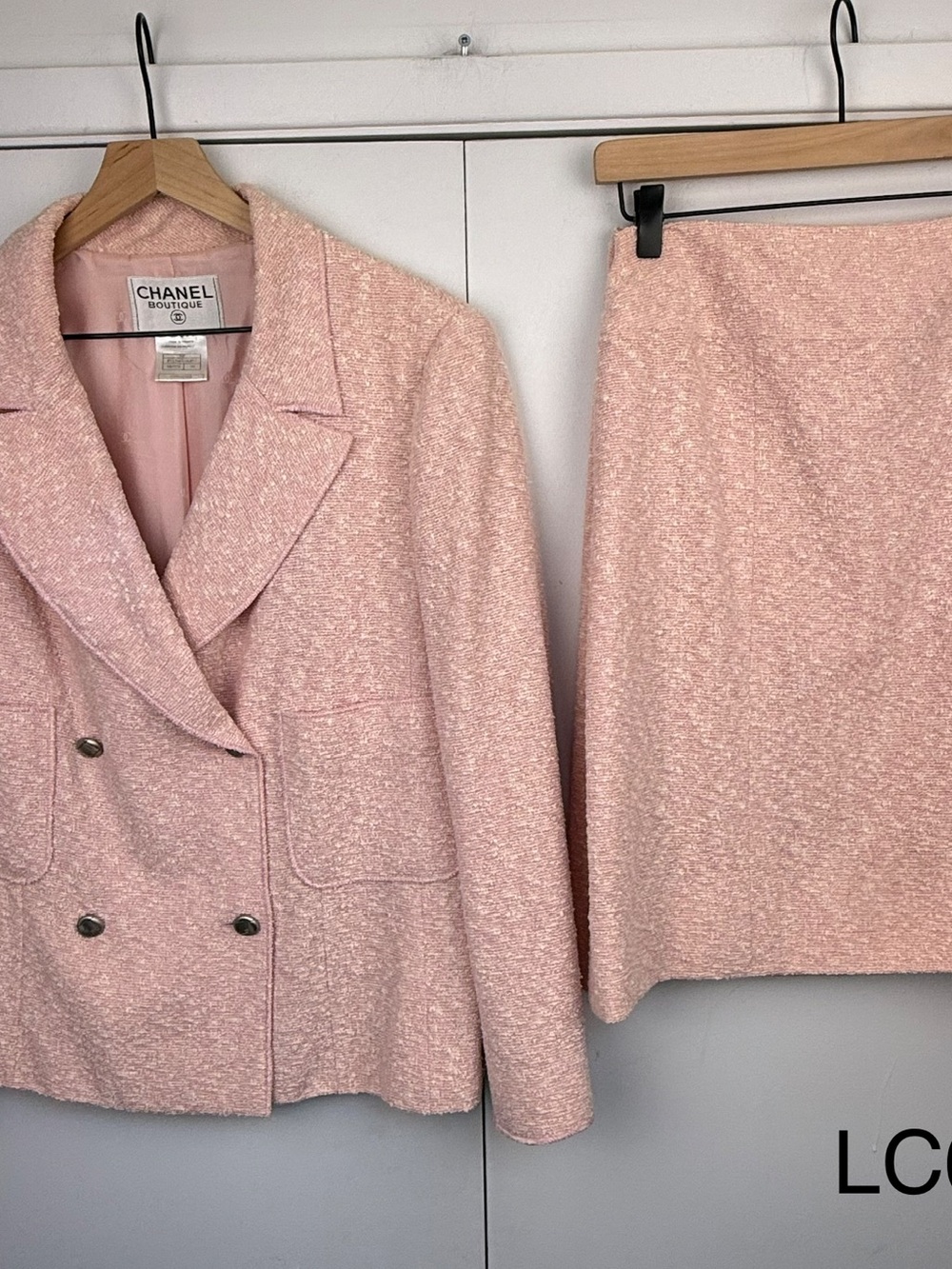 CHANEL 98P Spring 1998 Pink Tweed Jacket Skirt Suit FR 50 US 18